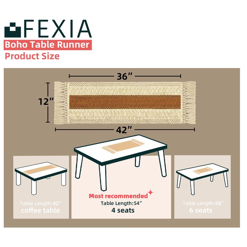 FEXIA Boho Table Runner 36 Inches Long Thanksgiving Decor Macrame Table Runner Farmhouse Stylewith Tassels for Party Bohemian Rustic Wedding Bridal Shower Dining Decor Middle Brown (12x36 Inches)