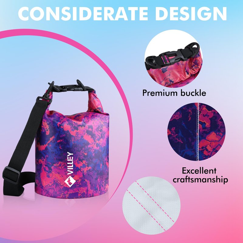 VILLEY Dry Bag Waterproof 5L Roll Top Storage Backpack, Keeps Gear Dry Lightweight Backpack for Kayaking Boating Camping Swimming and Beach Accessories Purple Camo