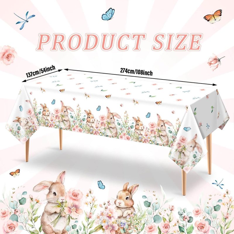 Vanulus 3Pcs Spring Easter Bunny Party Tablecloth Cute Rabbits Pink Floral Disposable Plastic Table Cover Rectangle Table Cloth for Spring Farmhouse Picnic Dinner Table 54x108Inch