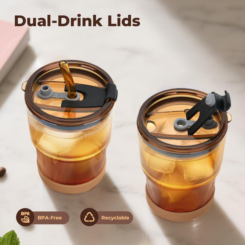 Zukro 13 oz Glass Iced Coffee Cups with Lid and Straw, Leak Proof Glass Tumbler for Ice Tea, Water, Non-Slip Silicone Bottom, Thick Wall Drinking Glasses for Home/Office, BPA Free, Amber 2 Pack