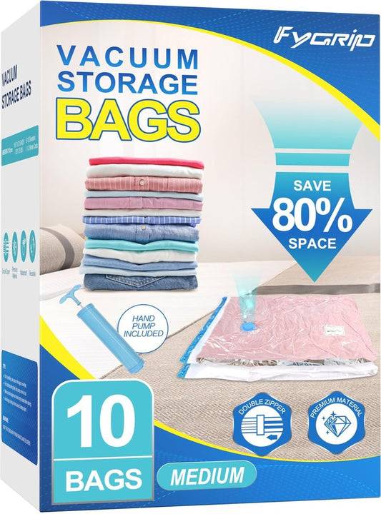 Fygrip Vacuum Storage Bags with Hand Pump, Plastic Packaging Bags, 80% Space Saver Vacuum Seal Bags for Clothing, Travel Lugggage, Blankets, Comforters, 10 Medium