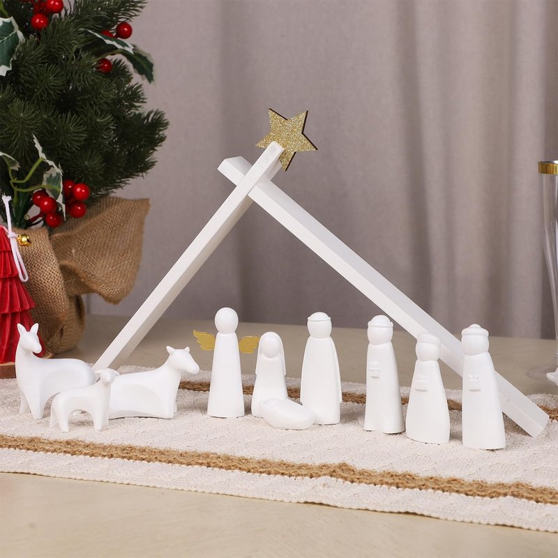 Juegoal Christmas Nativity Sets, Set of 11 White Mini Nativity Scene Resin Figurines, Xmas Holy Family Table Ornaments, Religious Holiday Collection Gifts, Baby Jesus Nativity Mantle Shelf Decor