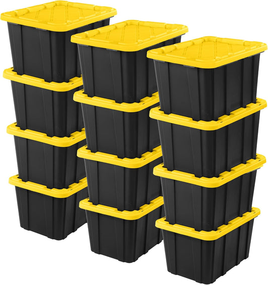 Sterilite 12-Pack Industrial Tote | Heavy-Duty Plastic Storage Bins with Lids - 27 Gallon for Organizing Closet, Bathroom, Office