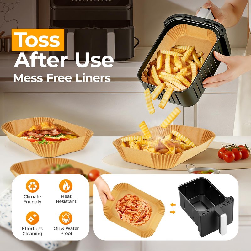 Vailnd Air Fryer Liners Disposable for Dual Basket, 100Pcs 8x5.5 Inch Rectangle Air Fryer Paper Liner for Ninja DZ201 DZ401, Chefman/COSORI 2-Basket, Oil Proof Parchment Paper