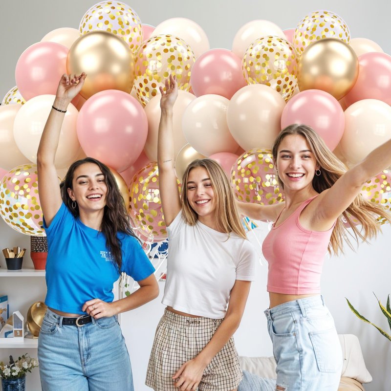 Blush Pink and Gold Balloons Set, 12 Inch Retro Pink and Champagne Gold Balloons Pastel Pink Metallic Gold Confetti Balloons for Birthday Bridal Shower Bachelorette Boho Party Supplies