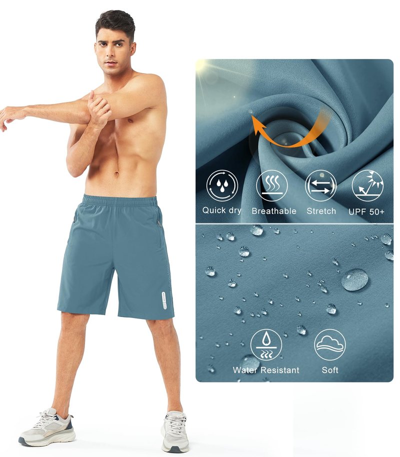NORTHYARD Men's Athletic Running Shorts Gym Workout 7"/9"/5" Quick Dry Lightweight Sports Basketball Tennis 3 Zipper Pockets GREYBLUE-9inch 2XL