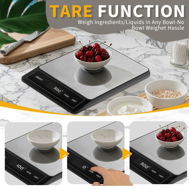 FISHCLOUD Food Scale - Rechargeable Digital Kitchen Scale 33lb, 1g/0.05oz Precision, Type-C, Stainless Steel, Grams/Ounces, LCD Display, for Cooking/Baking/Meal Prep (Ash Silver)