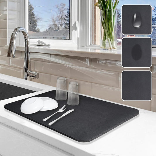 Skiennix Dish Drying Mat - Non-Slip Rubber Backed, Stain Resistant, 12"x19" - Ideal for Kitchen Counter (Black)