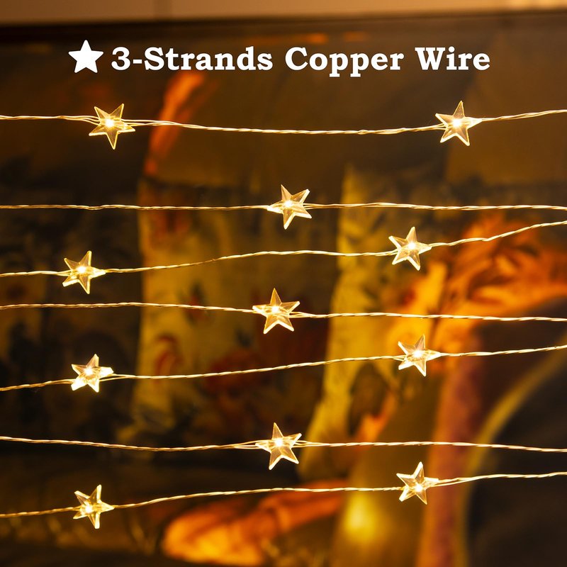 ZELUXDOT Star String Lights Plug in,40FT 120 LEDs Star Fairy Lights,Waterproof Starry Light with 8 Modes Remote for Outdoor Indoor Christmas Wedding Garden Ramadan Decor,Silver Wire,Warm White