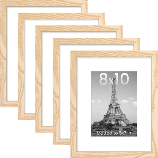 Upsimples 8x10 Picture Frame Set of 5 - Versatile Wall Gallery Frames for 5x7 or 8x10 Photos | Natural Finish