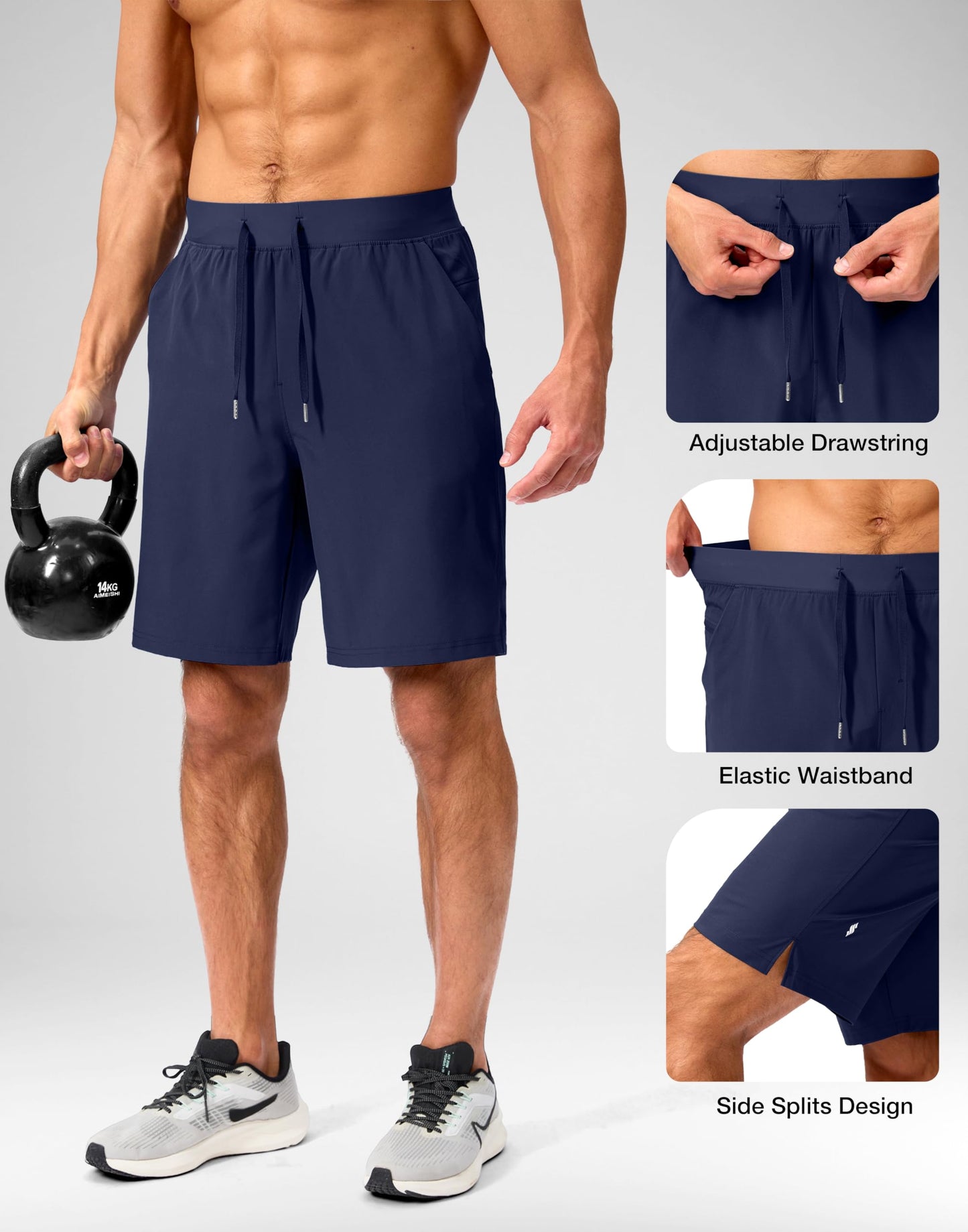 Soothfeel Men's Running Shorts with Zipper Pockets 9 Inch Lightweight Quick Dry Gym Sports Athletic Workout Basketball Shorts for Men (Navy, M)