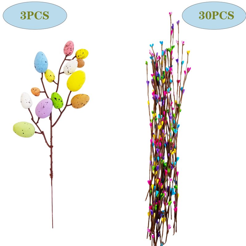 VSHZXFH 33pcs Artificial Spring Floral Stems Spray Vine with Pastel Eggs and Berries - Table Centerpiece Twig Branches for Baby Shower Birthday Party Floral - Home Centerpiece Wreath Decoration