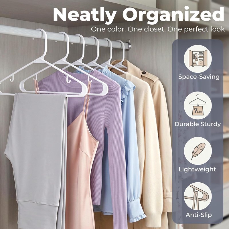 HOUSE DAY White Plastic Hangers 50 Pack, Plastic Clothes Hangers with Built-in Hooks, Durable and Strong Plastic Coat Hangers for Closet, Space Saving Clothing Hanger for Shirts, Coats, Skirt, Dress