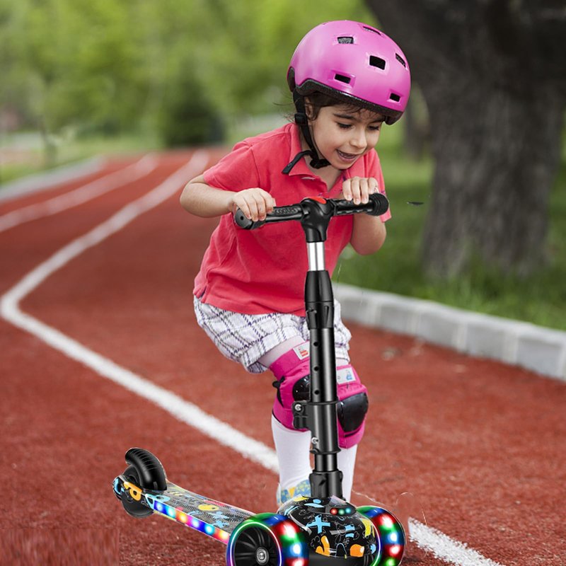 CLrkualn 2-in-1 Kick Scooter for Kids Ages 3-8, Adjustable Height Foldable Scooter Removable Seat, 3 LED Light Wheels, Outdoor Activities for Toddlers Boys Girls (Black)