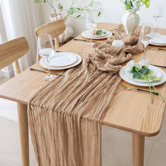 Xiomot Table Runner Cheesecloth 10FT Nude Boho Gauze Cheese Cloth Rustic Sheer Table Runners for Wedding Bridal Baby Shower Party Decoration