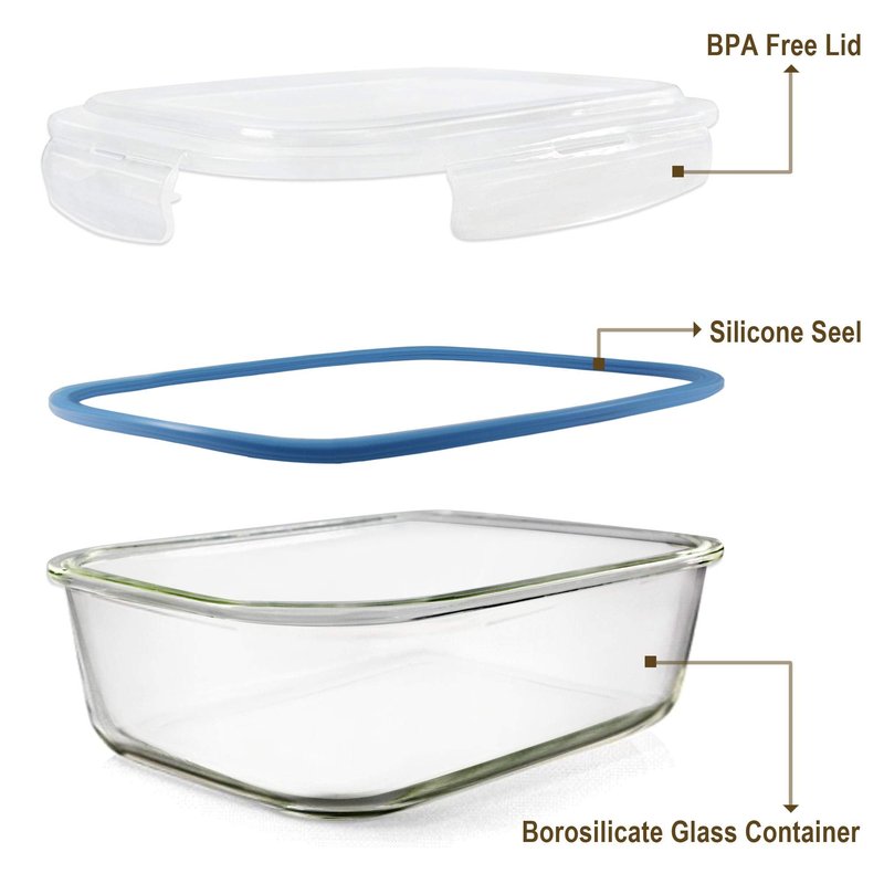 EcoEvo Glass Food Storage Containers Set, Large Size Containers with Lids, BPA-free Locking lids, 100% Leak Proof Glass Meal Prep Containers, Freezer to Oven Safe (2 Pack of 52oz)