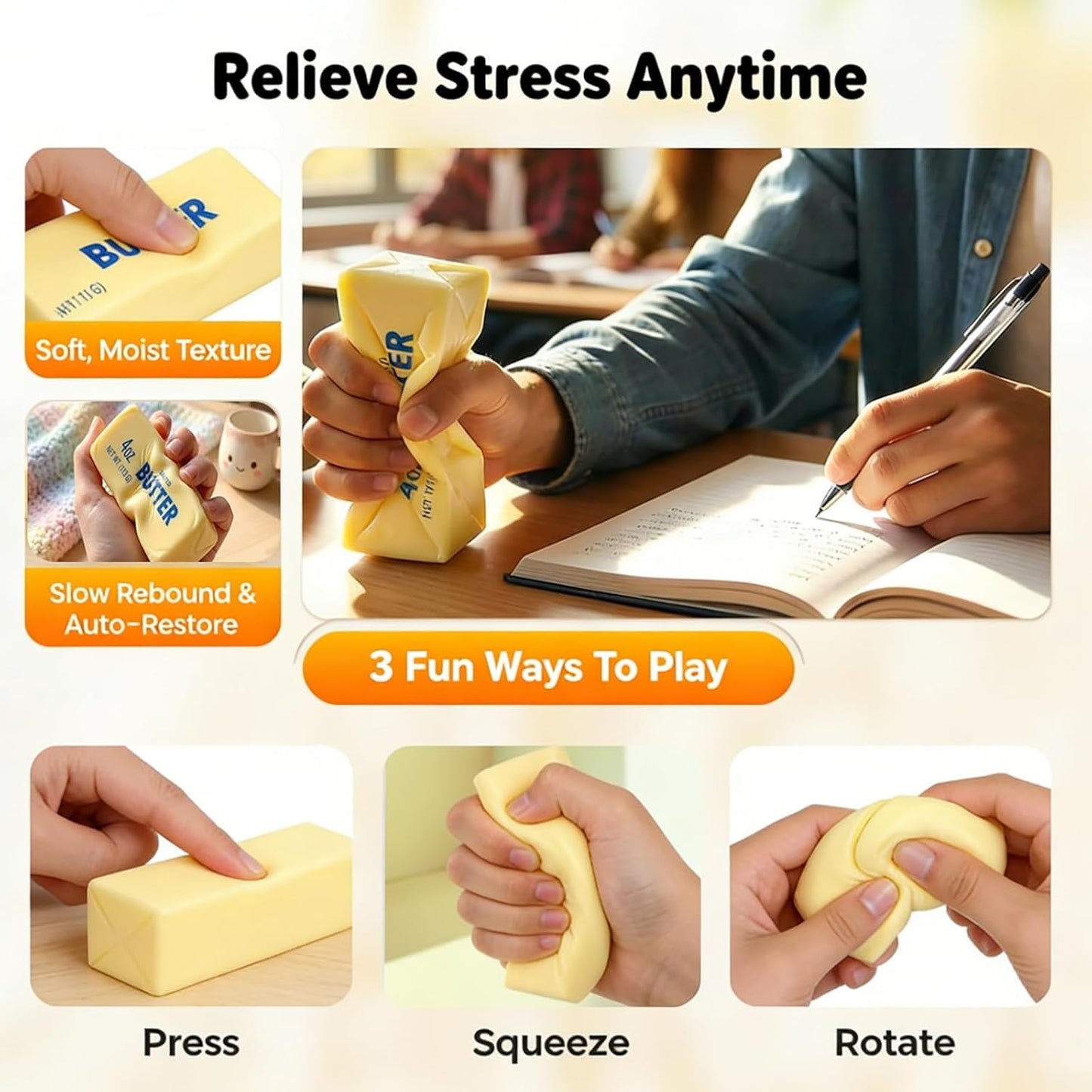 Skiennix Realistic Butter Stick Squeeze Ball - Soft Stress Relief Fidget Toy | Slow Rebound, Beige