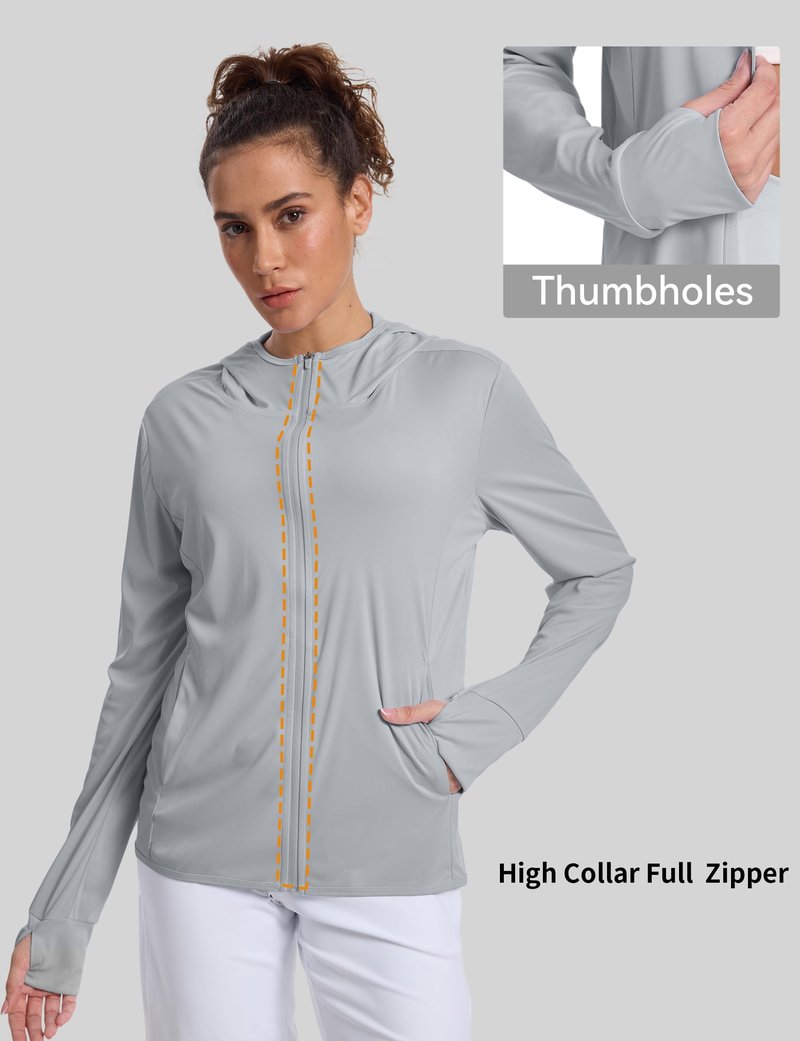 CHALLMOTI Women's Sun Protection Jacket Zip up Hoodie Lightweight Long Sleeve UV Cover Up Hiking Shirt UPF 50+ Grey M