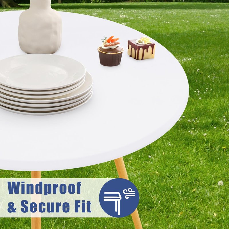 Moosfor Round Spandex Tablecloth, Elastic Fitted Waterproof Tablecloths for 51"-62" Tables, Stretch Washable Picnic Table Cover for Camping, Dining, Indoor and Outdoor, White