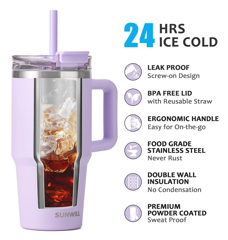 SUNWILL 20 oz Tumbler with Lid, Travel Coffee Mug with Handle and Straw Leak Proof, Stainless Steel Cup Insulated for Office & Gym, Cupholder Friendly, Powder Coated Light Purple