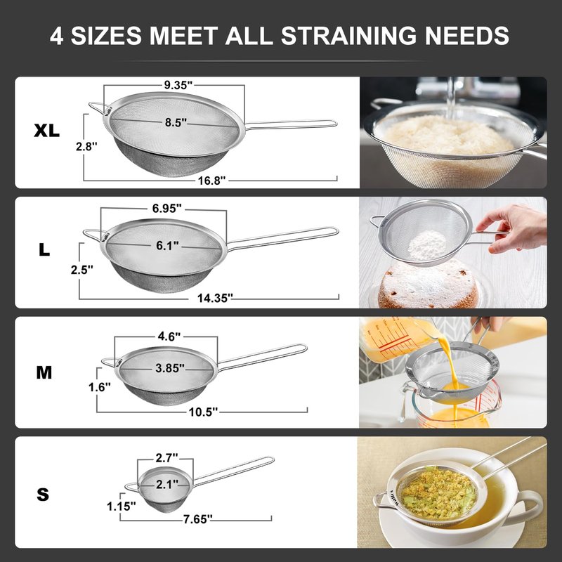Walfos Extra Fine Mesh Strainer Set of 4-9.35", 6.95", 4.6", 2.7", Stainless Steel 30 Mesh Sieve with Sturdy Handle, Kitchen Food Strainers Sifters for Quinoa, Pasta, Fruits, Vegetables, Rice, Tea