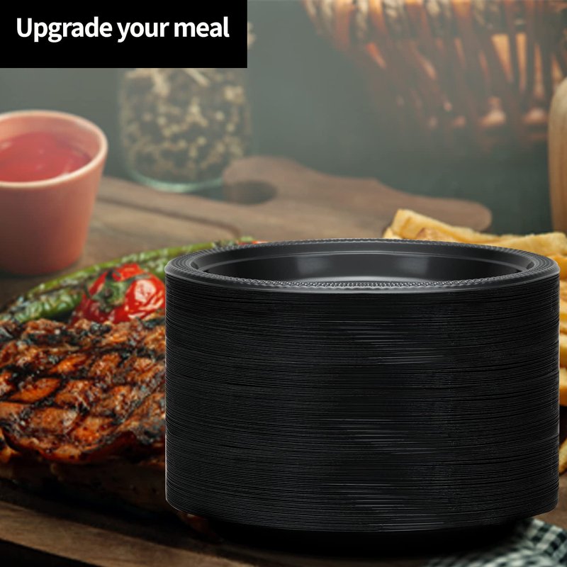 Black Plastic Plates 9 Inch - 50 count - Plastic Solid Round Party Plates For Weddings, BBQs, Birthday Plates - Disposable Black Plates - Plastic Dessert Plates