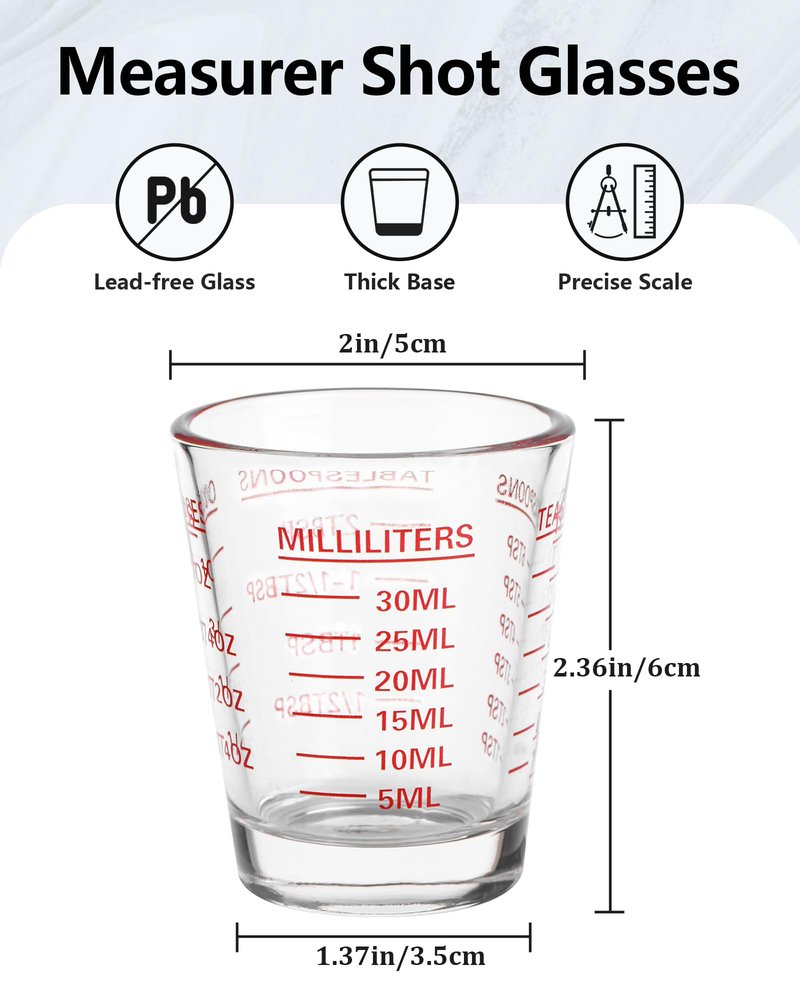 Shot Glasses Measuring Cup Set 4PACK Espresso Shot Glasses Liquid Heavy Glass 26-Incremental Measurement 1 OZ, 2 TBS, 6 TSP, 30 ML Kitchen Tools (Red)