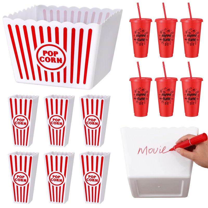 Reallnaive 15 Pcs Movie Night Popcorn Organizer Set Family Red & White Striped Plastic Popcorn Container Reusable Drinking Cup for Holiday Parties, Family Gatherings & Home Theater
