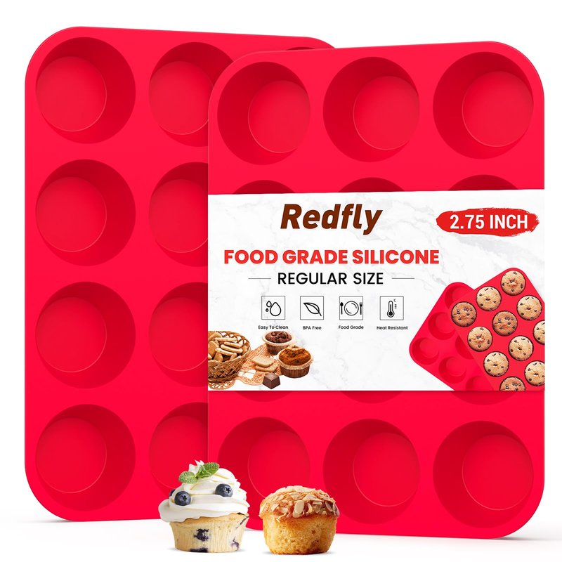 Redfly 2 Pack Silicone Muffin Pans for Baking & Cupcake Pan - 12 Cup Regular Size Silicone Molds, BPA Free Egg Bites Mold