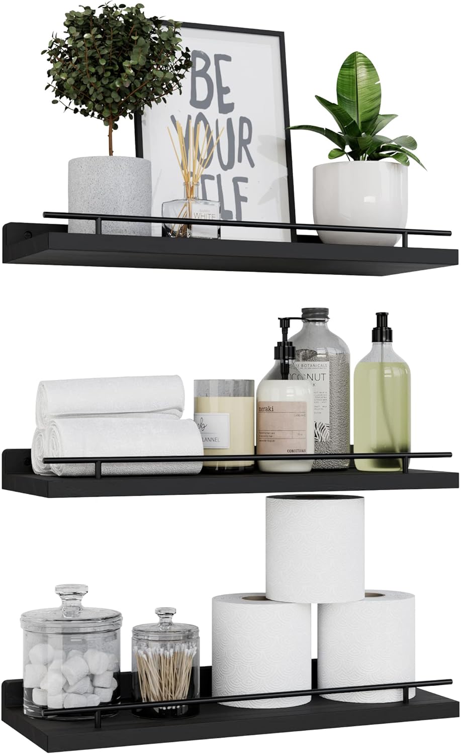 WOPITUES Floating Wall Shelves - Set of 3 with Black Metal Guardrail for Bedroom, Bathroom, Kitchen, Living Room Decor