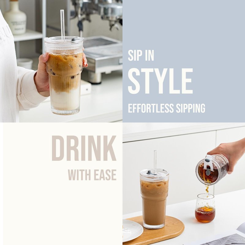 SoulTimes 20oz Ribbed & Floral Glass Tumbler Set of 2 – Reusable Glass Cups with Lid and Glass Straw, Iced Coffee Cups for Water, Smoothie, Milk, Cocktail & More – Perfect for Daily Use & Travel