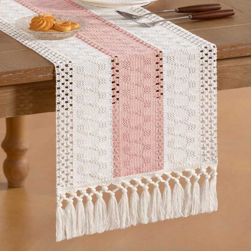Socomi Boho Table Runner Easter Spring Farmhouse Rustic Dining Kitchen Centerpiece Decor Small Macrame Woven Cotton Linen Coffee Table Runner for Dresser Scarf Home Decor 12x36 inPink Ivory