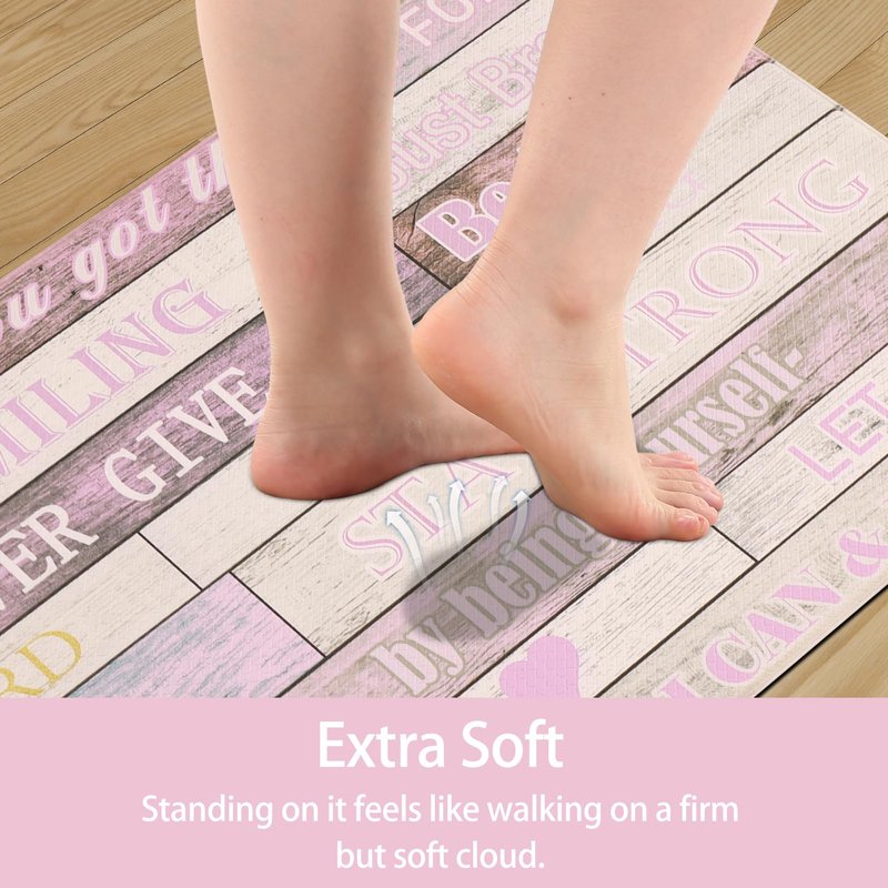 PCSWEET HOME Inspirational Positive Quotes Kitchen Mats for Floor Pink Anti Fatigue Mats for Kitchen Floor Cushioned Waterproof Pink Kitchen Decor Set