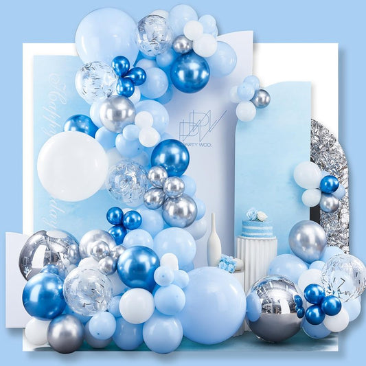 PartyWoo Blue White and Silver Balloon Arch Kit Garland 142pcs Different Sizes of 18 12 10 5 Inch Pastel Metallic Blue White Metallic Silver Confetti Balloons for Baby Shower Party Decorations