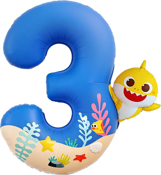 **PartyWoo Baby Shark Number 3 Balloon - 40 Inch Blue Mylar Helium Decoration for Kids' Birthday**