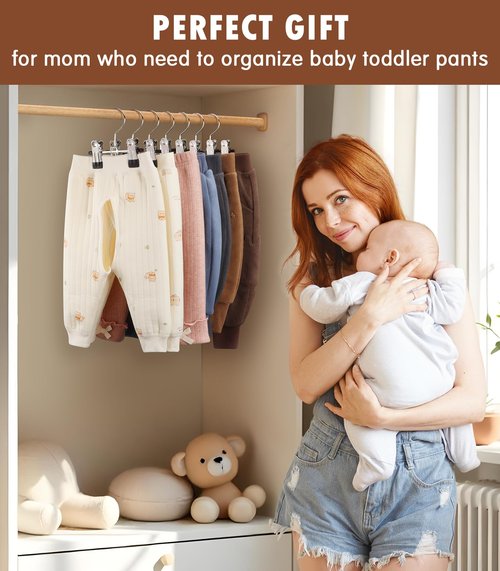 DOIOWN 10 Pack Baby Pants Hangers with Clips, Toddler Non-Slip Space Saving Hangers for Pants, Skirts, Clothes - Baby Essentials Closet Organizer