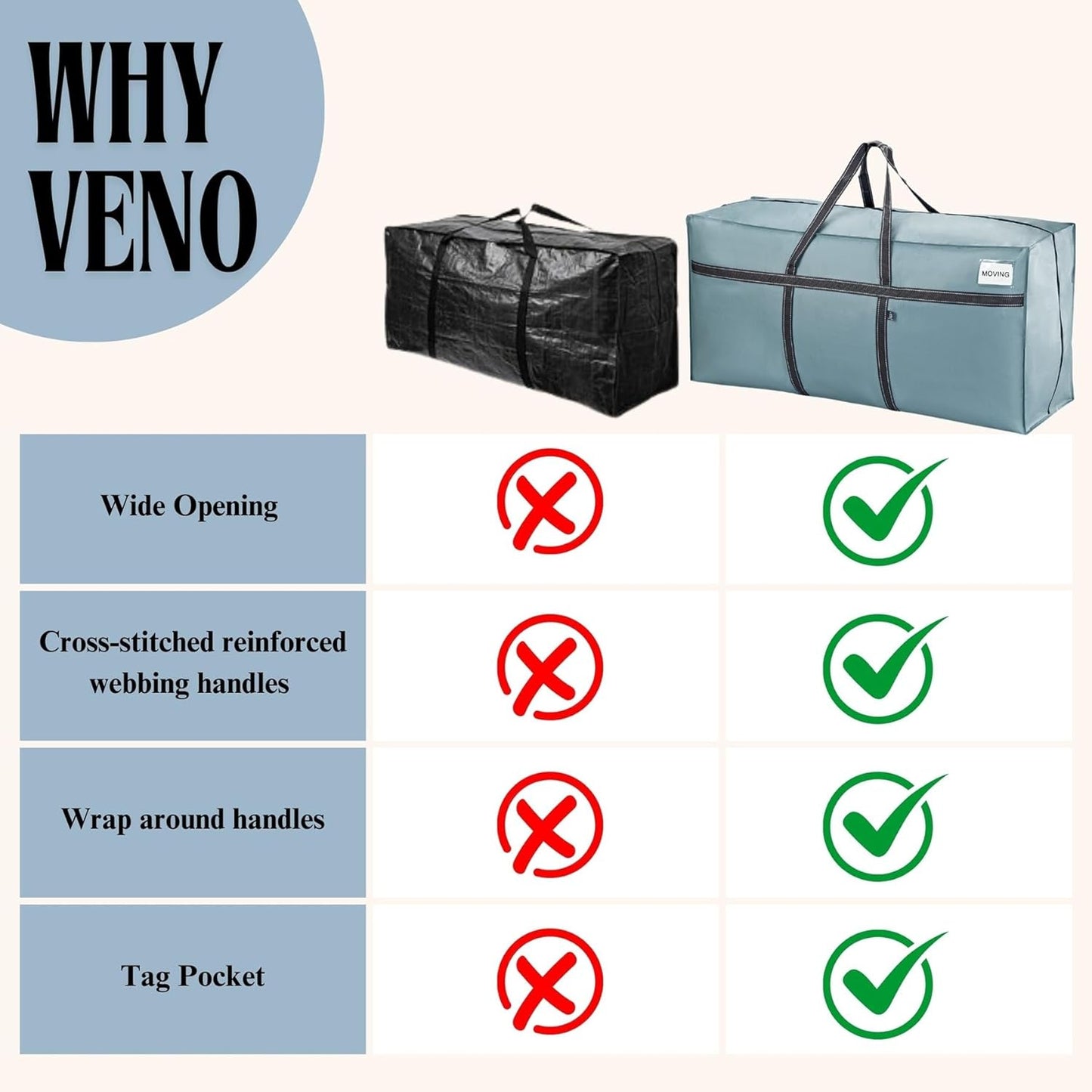 VENO Extra Large Moving Bags - Heavy Duty Storage Solution for College & Holiday Packing | Light Blue Matte, 2 Pack
