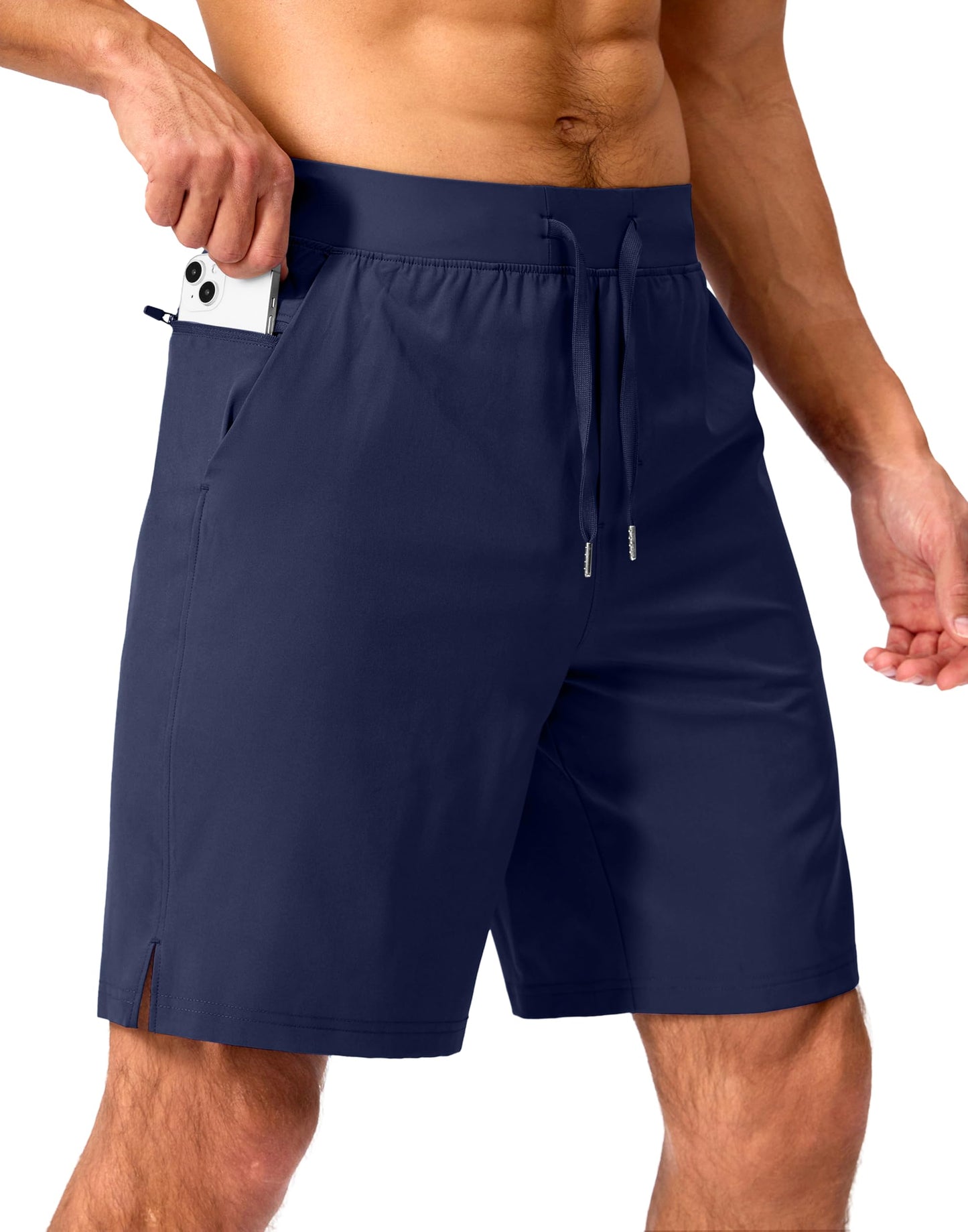 Soothfeel Men's Running Shorts with Zipper Pockets 9 Inch Lightweight Quick Dry Gym Sports Athletic Workout Basketball Shorts for Men (Navy, M)