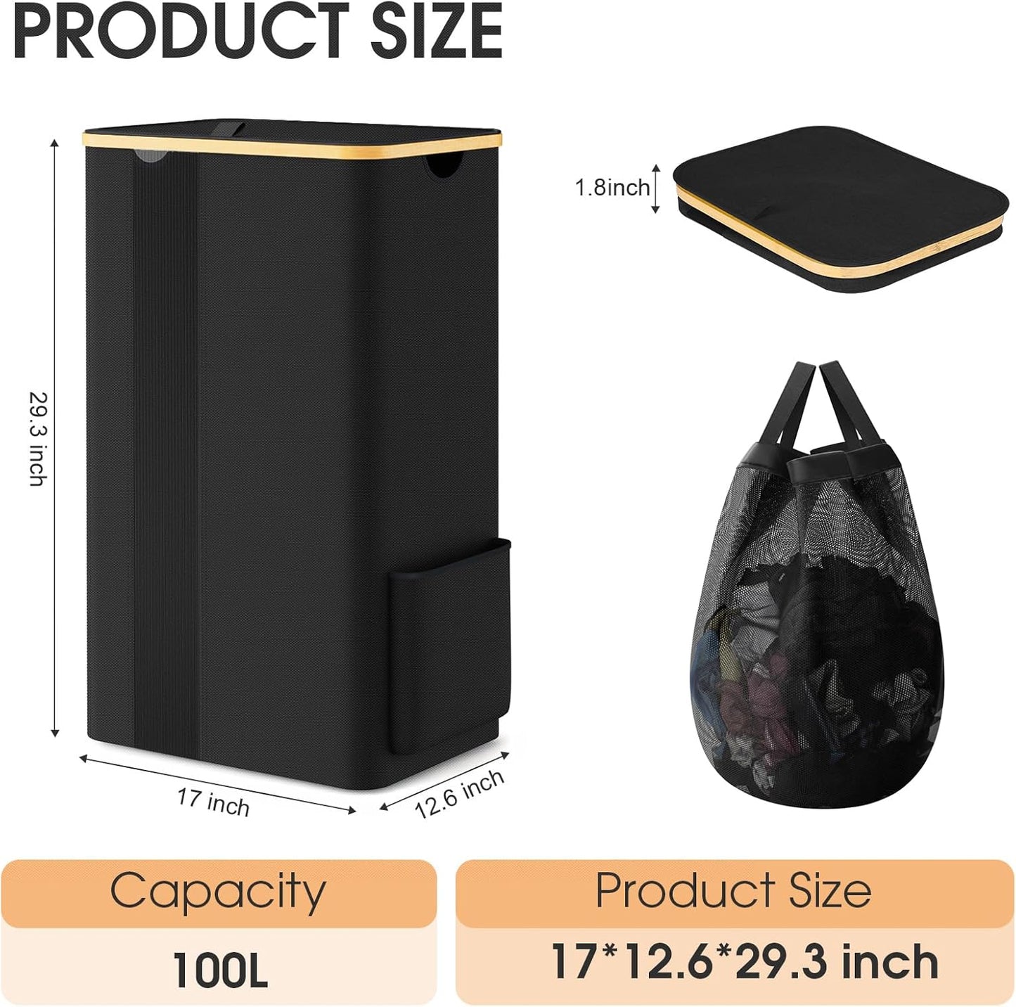 SpaceTrove Laundry Basket - Large 100L Collapsible Hamper with Lid & Removable Bag | Stylish Black Design for Bedroom & Bathroom