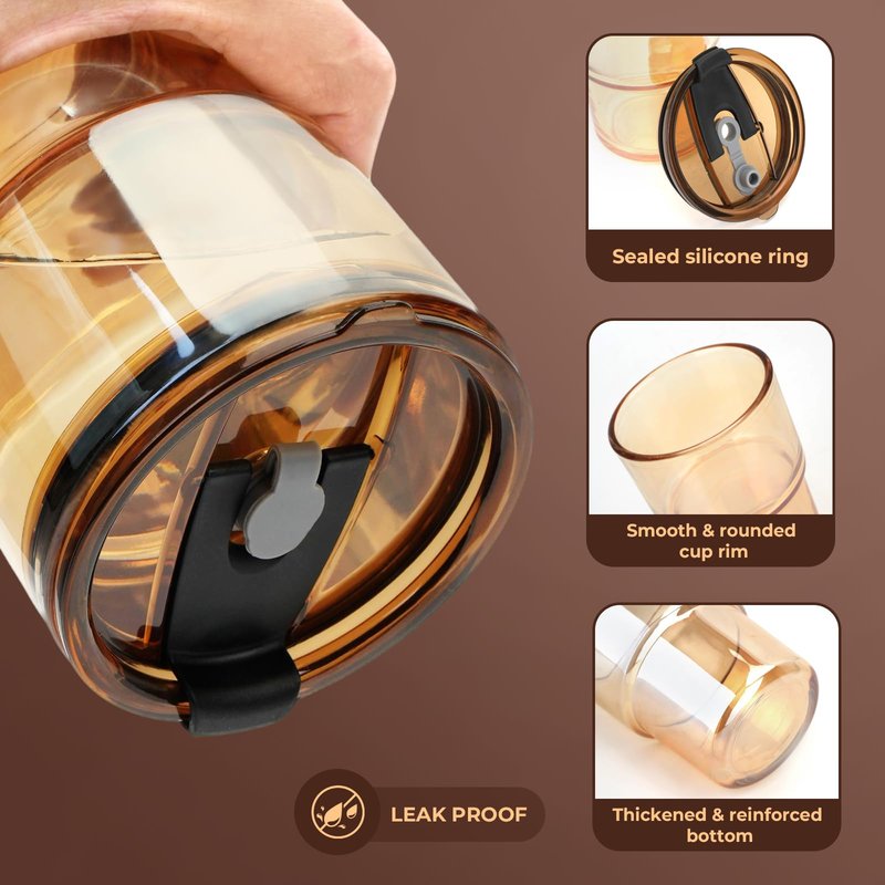 Zukro 13 oz Glass Iced Coffee Cups with Lid and Straw, Leak Proof Glass Tumbler for Ice Tea, Water, Non-Slip Silicone Bottom, Thick Wall Drinking Glasses for Home/Office, BPA Free, Amber 2 Pack