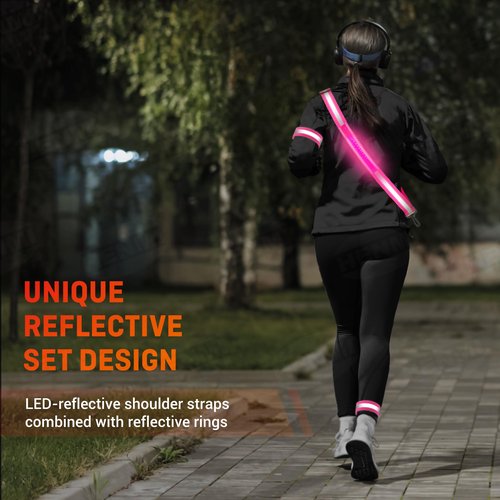 HENMI LED Reflective Belt Sash with Two Arm Reflective Tapes,3 Light Modes Adjustable Length Rechargeable Reflective Running Gear for Men Women Running Cycling Walking and Dog Walking(Pink)