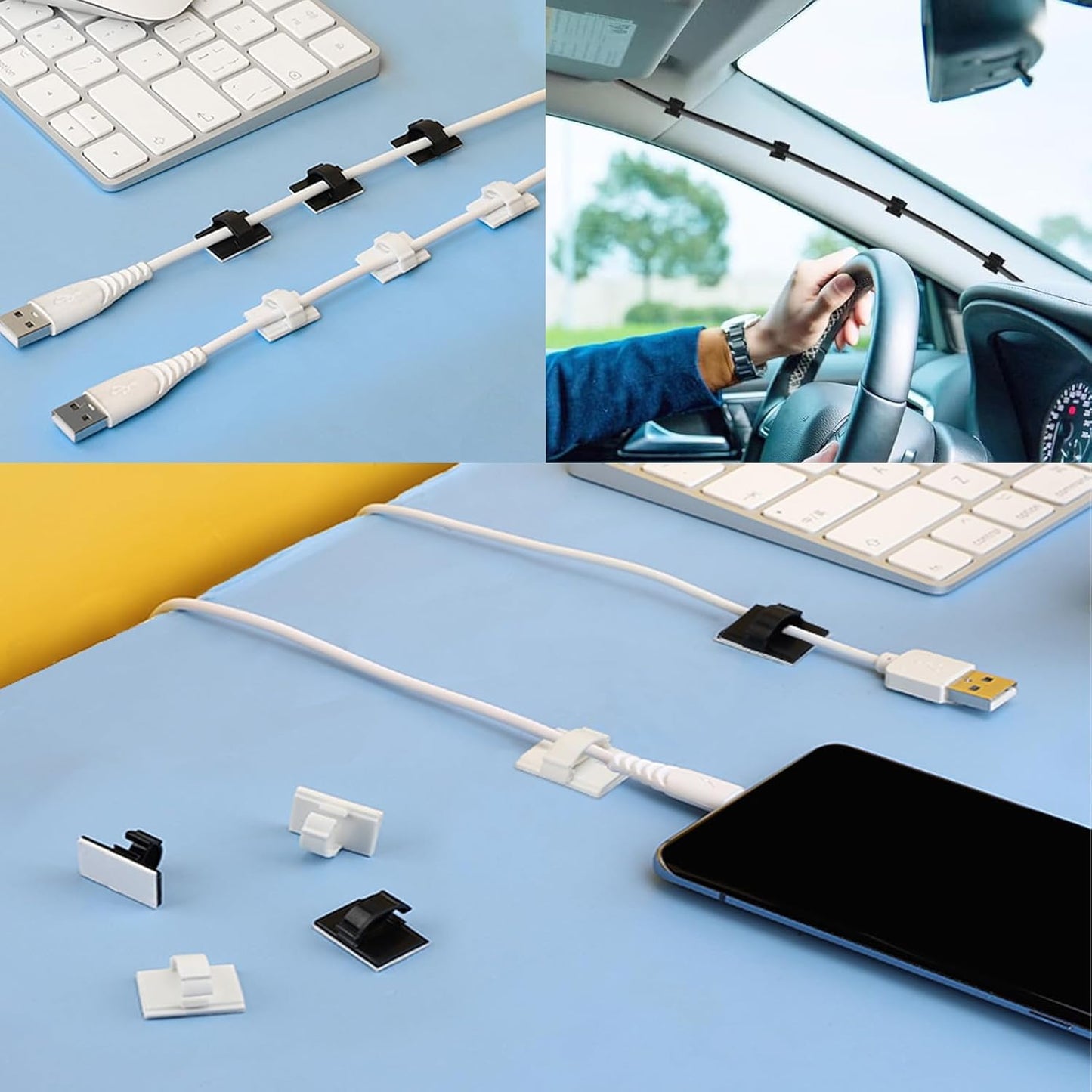 Skiennix Adhesive Cable Holder Clips - 50 Pcs Black Wire Management for Cables ≤ 6mm | Ideal for Home & Office
