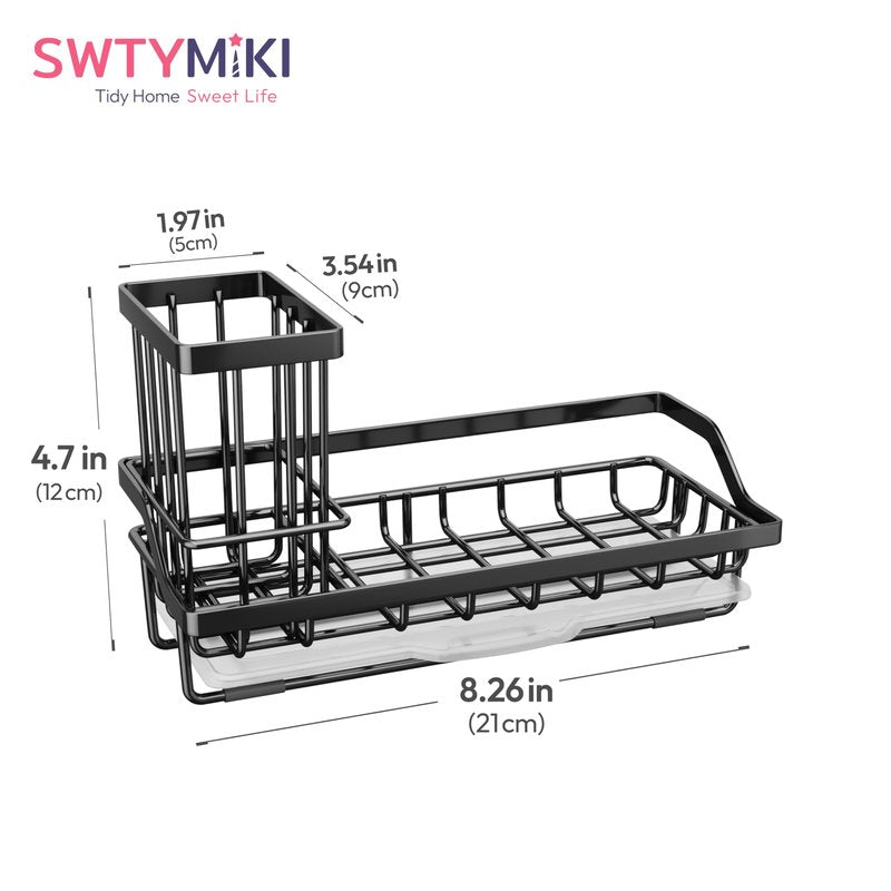SWTYMIKI Sink Caddy Sponge Holder - Kitchen Sink Organizer with High Brush Holder for Countertop to Hold Dish Soaps and Sponges, Stainless Steel, Black