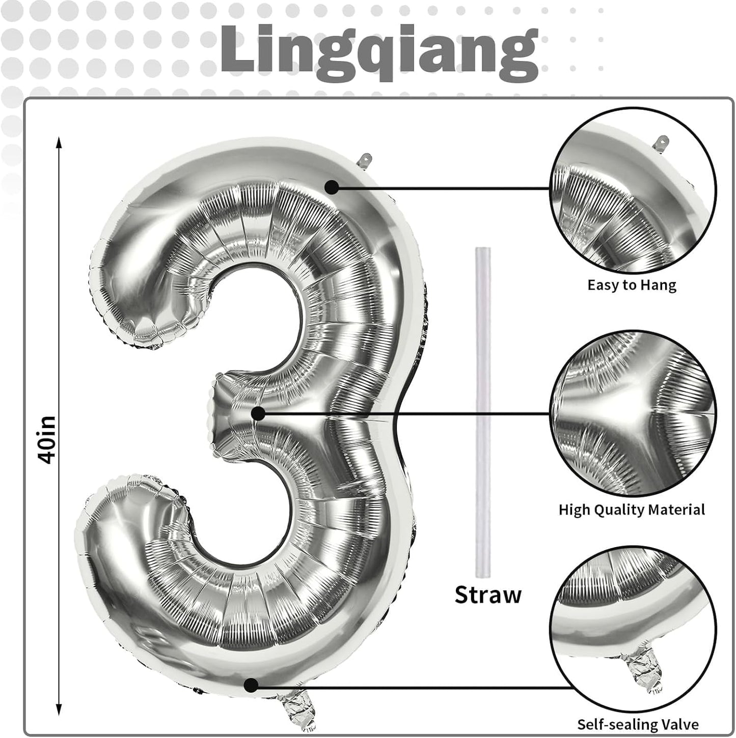Skiennix Silver 3rd Birthday Balloon - 40 Inch Giant Helium Foil Number 3 - Self-Inflating Decor