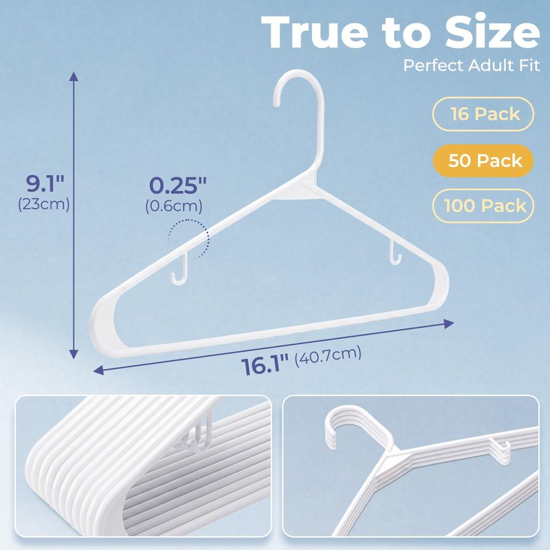 HOUSE DAY White Plastic Hangers 50 Pack, Plastic Clothes Hangers with Built-in Hooks, Durable and Strong Plastic Coat Hangers for Closet, Space Saving Clothing Hanger for Shirts, Coats, Skirt, Dress
