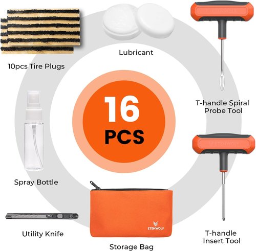 ETENWOLF Heavy Duty Tire Repair Kit - 16 Pcs Flat Tire Plug Set for Car, Motorcycle, ATV, Truck | Vivid Orange