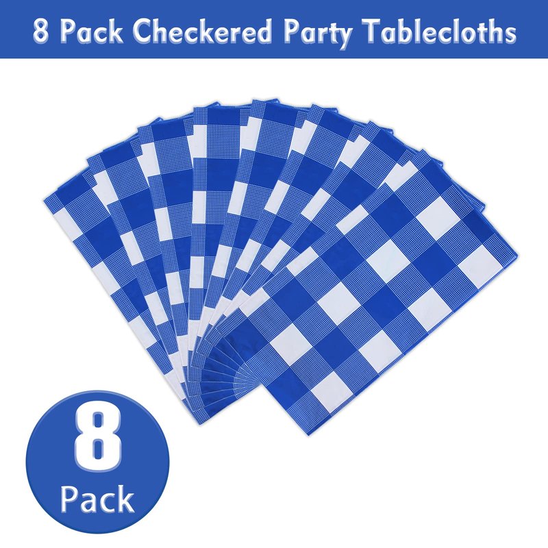 Kesfey 8 Packs Bule and White Checkered Tablecovers 54 x 108 Inches Disposable Party Picnic Table Cloth SpillProof Plastic Gingham Tablecovers for Camping Decoration Party Favors