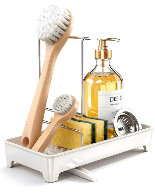 Caumic Plastic Sink Caddy, Rustproof Sponge Holder for Kitchen Sink with 304 Stainless-Steel Brush Holder, Countertop Rack Organizer with Raised Ridges & Silicone Drain Tube (Cream White, Large)