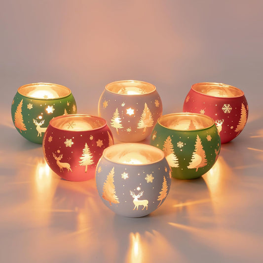 Romadedi Votive Candle Holders - Set of 6 Colorful Glass Tealight Holders for Christmas Decor | Holiday Centerpiece