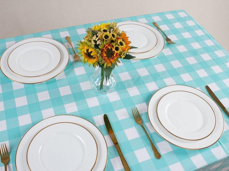 Kesfey 3 Packs Aqua and White Gingham Table Cloths 54 x 108 Inches Disposable Plastic Checkered Tablecovers Waterproof Rectangle Picnic Party Table Covers for Birthday Party Supplies Christmas
